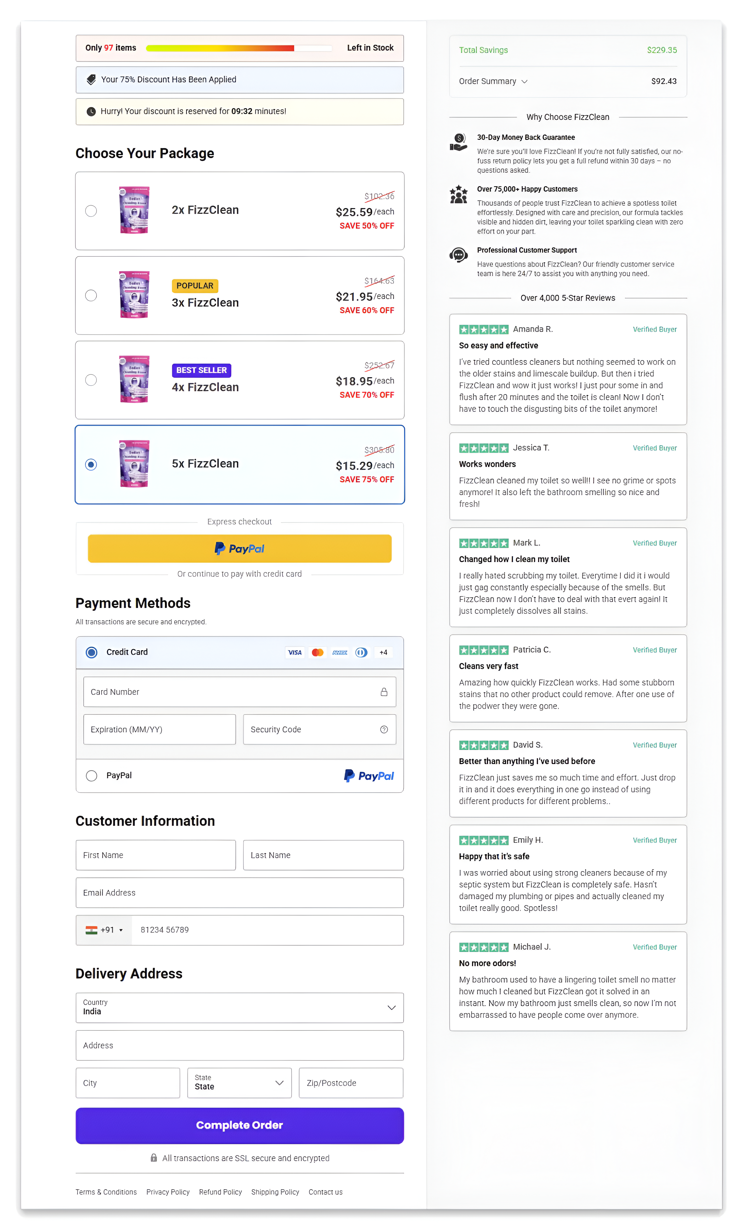 fizzclean toilet cleaner checkout page.